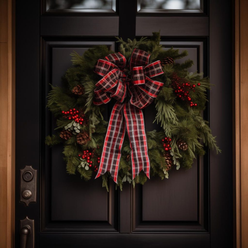 Mixture of green pine leaves decorated with bright red pine berries and dried pine cones discreetly hidden on a wreath