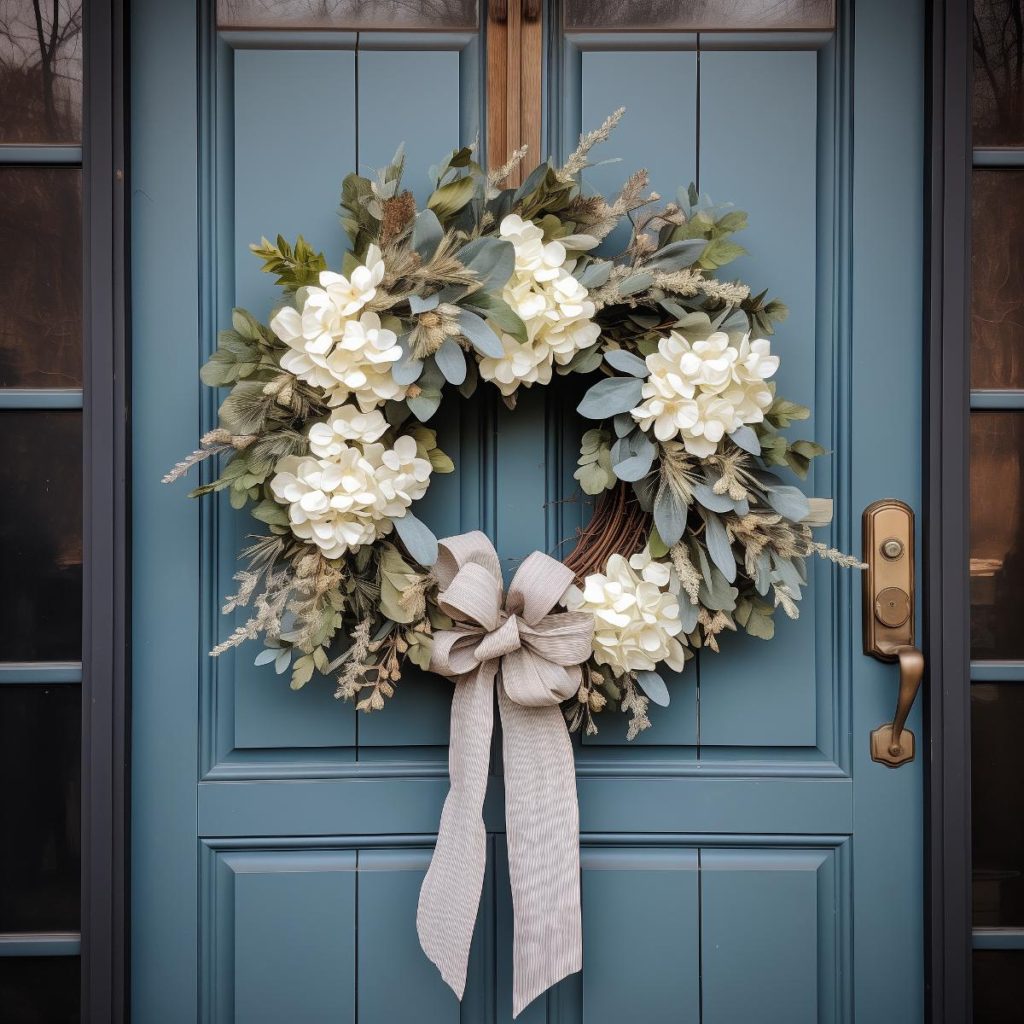 Teardrop-shaped eucalyptus leaves mingle with dried grasses, complemented by ivory, peach silk hydrangeas on a wreath