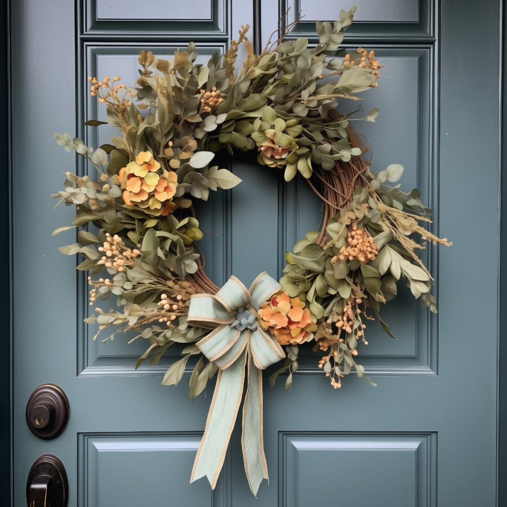 Farmhouse wreath decorated with teardrop-shaped eucalyptus leaves, tiny dried flowers, dry blades of grass and bright orange hydrangeas