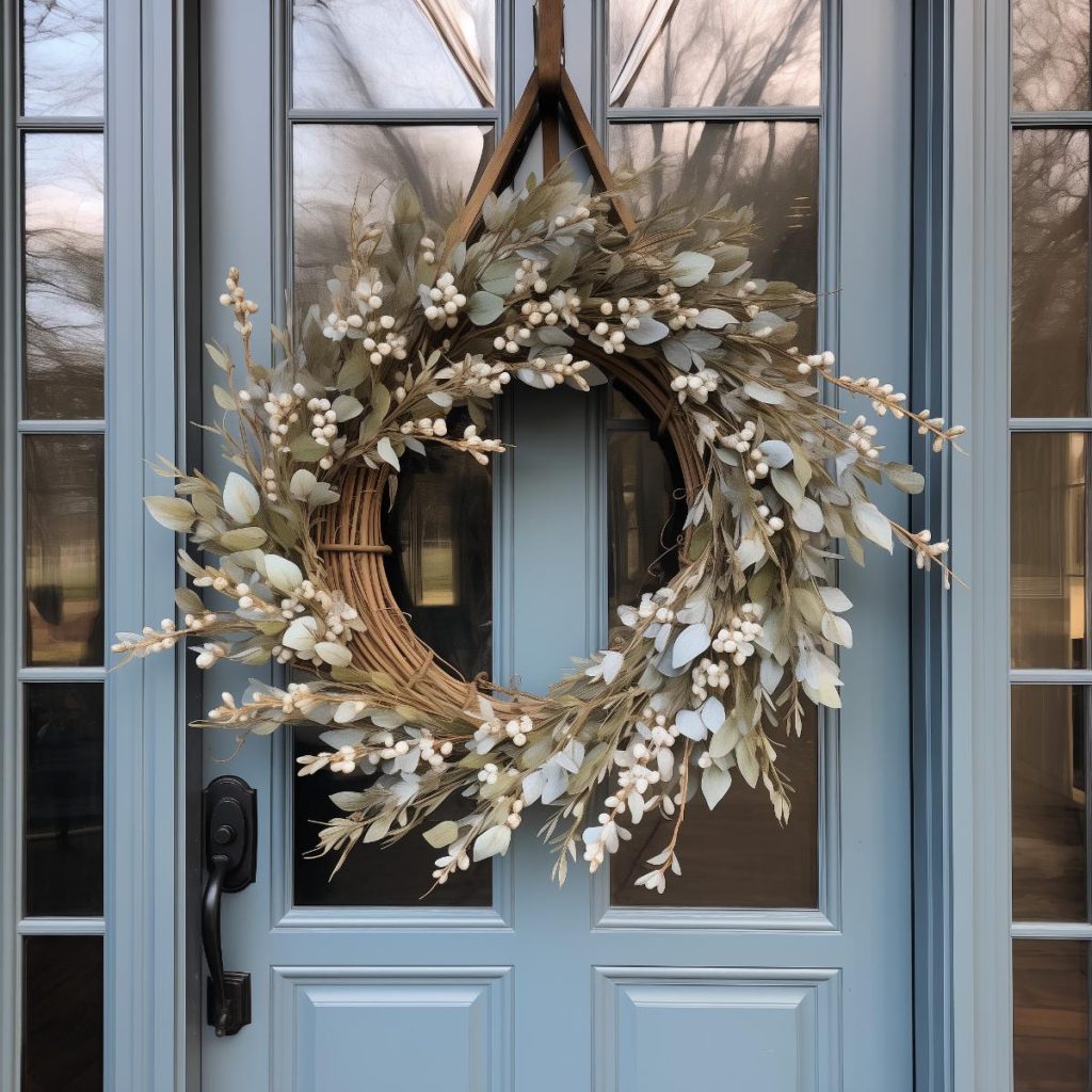 This wreath is a classic composition of eucalyptus leaves and white berries