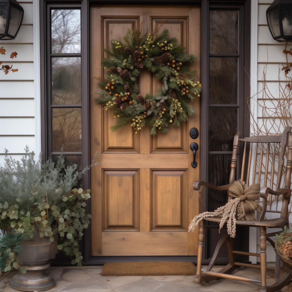 Hand-collected pine leaves and cones and gold-dipped faux berries on a wreath