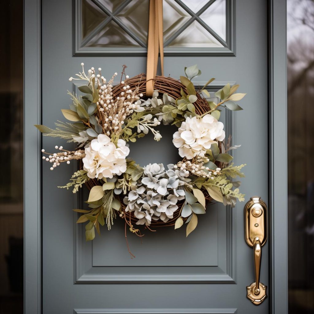 Chic farmhouse wreath idea with ivory and dark hydrangeas all sitting pretty on a bed of eucalyptus leaves, twisty branches and white berries