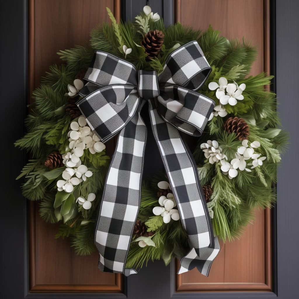 Pine leaves and greenery in a farmhouse wreath idea with dried pine cones and round white petals