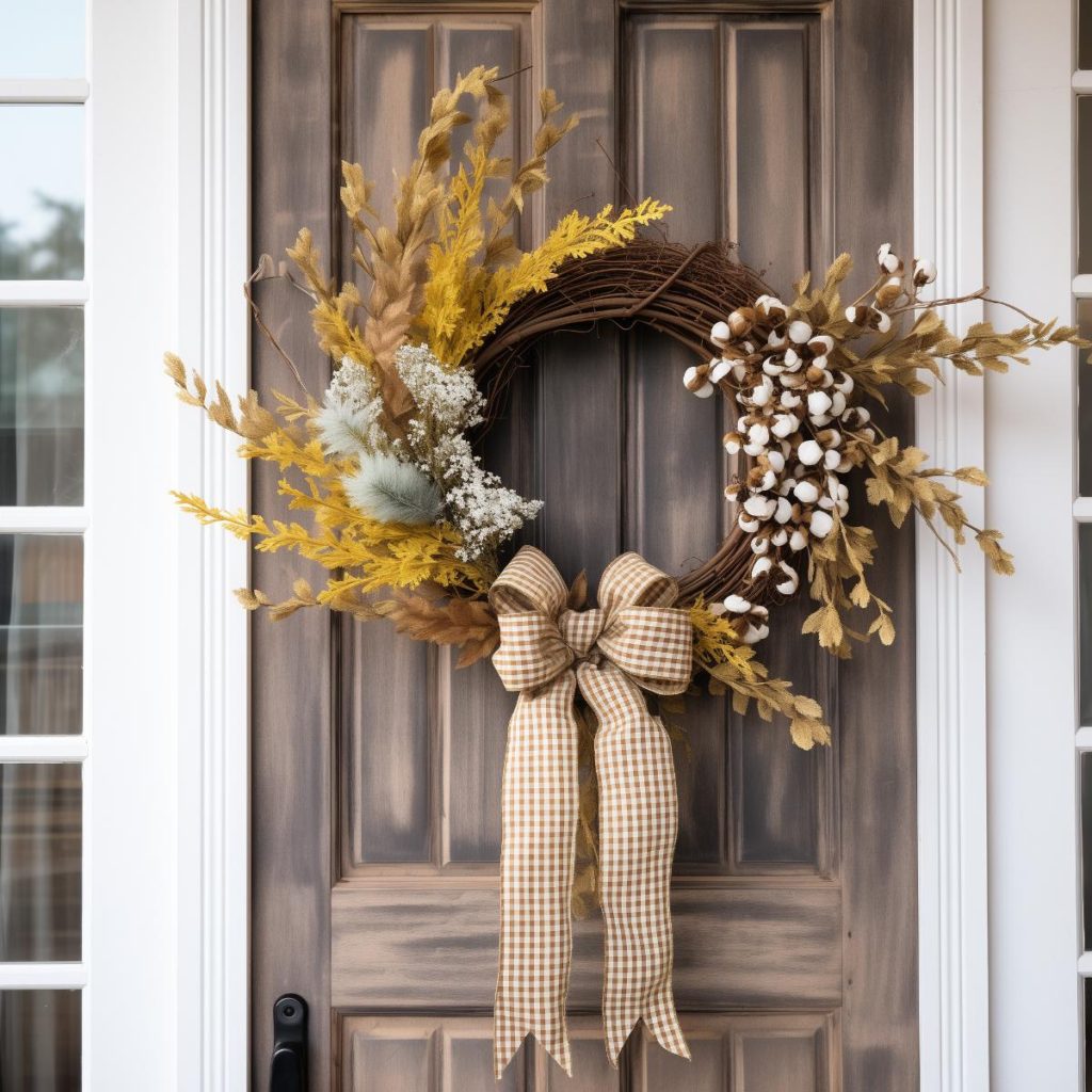 Gypsophila and cotton accents with a buffalo check bow on a wreath