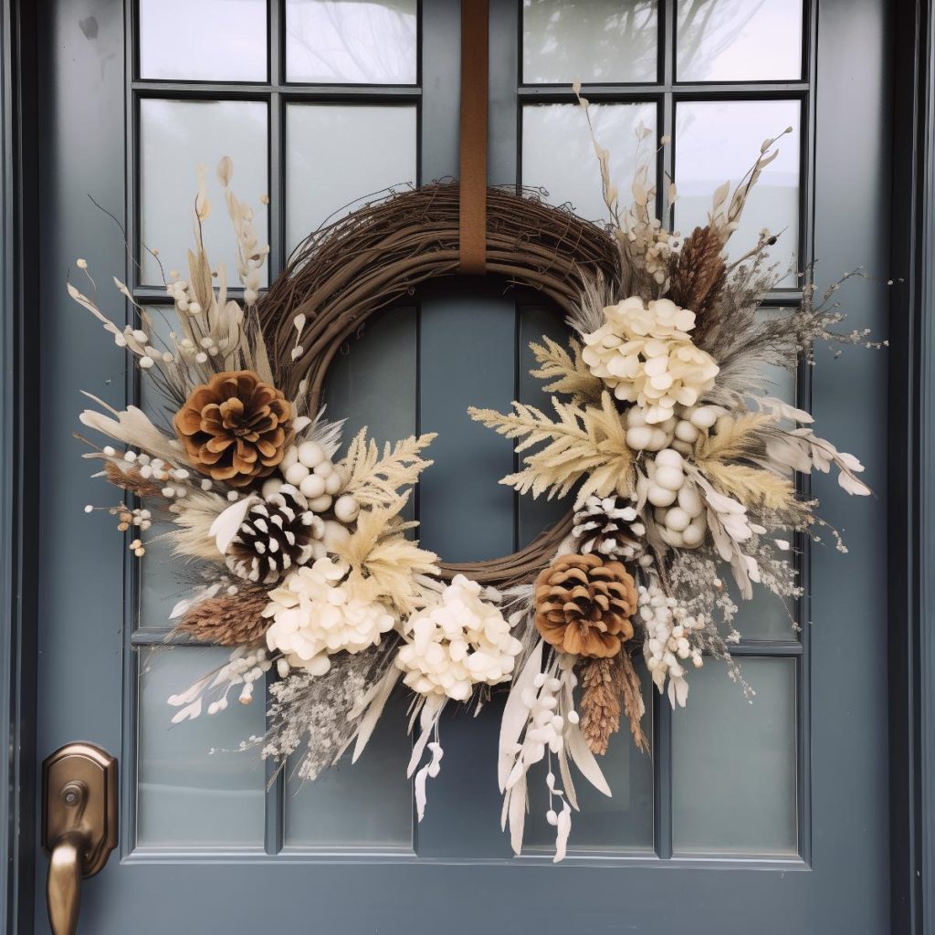 Farmhouse wreath idea with rustic branches, pine cones and ivory hydrangeas