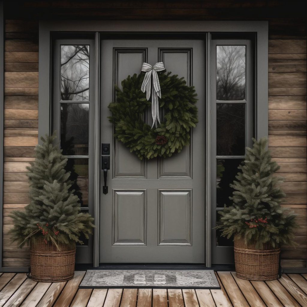 A single pine cone rests off-center on this farmhouse wreath full of pine leaves