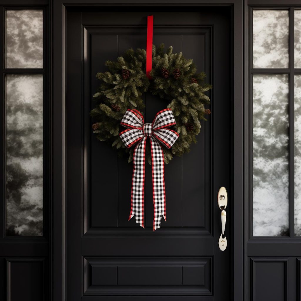 Lush farmer's wreath with fir leaves and pine cones and a black and white checkered bow