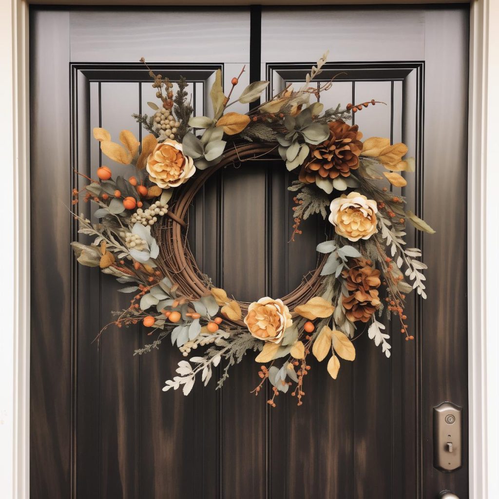 Wreath design with twisting branches, orange peonies and green and brown leaves, all punctuated by berries and orange embellishments