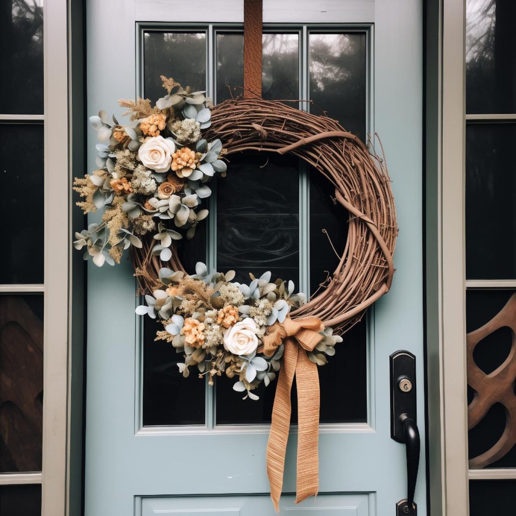 Wreath with one side decorated with eucalyptus leaves, an assortment of flowers and colorful seasonal ornaments and the other side left blank