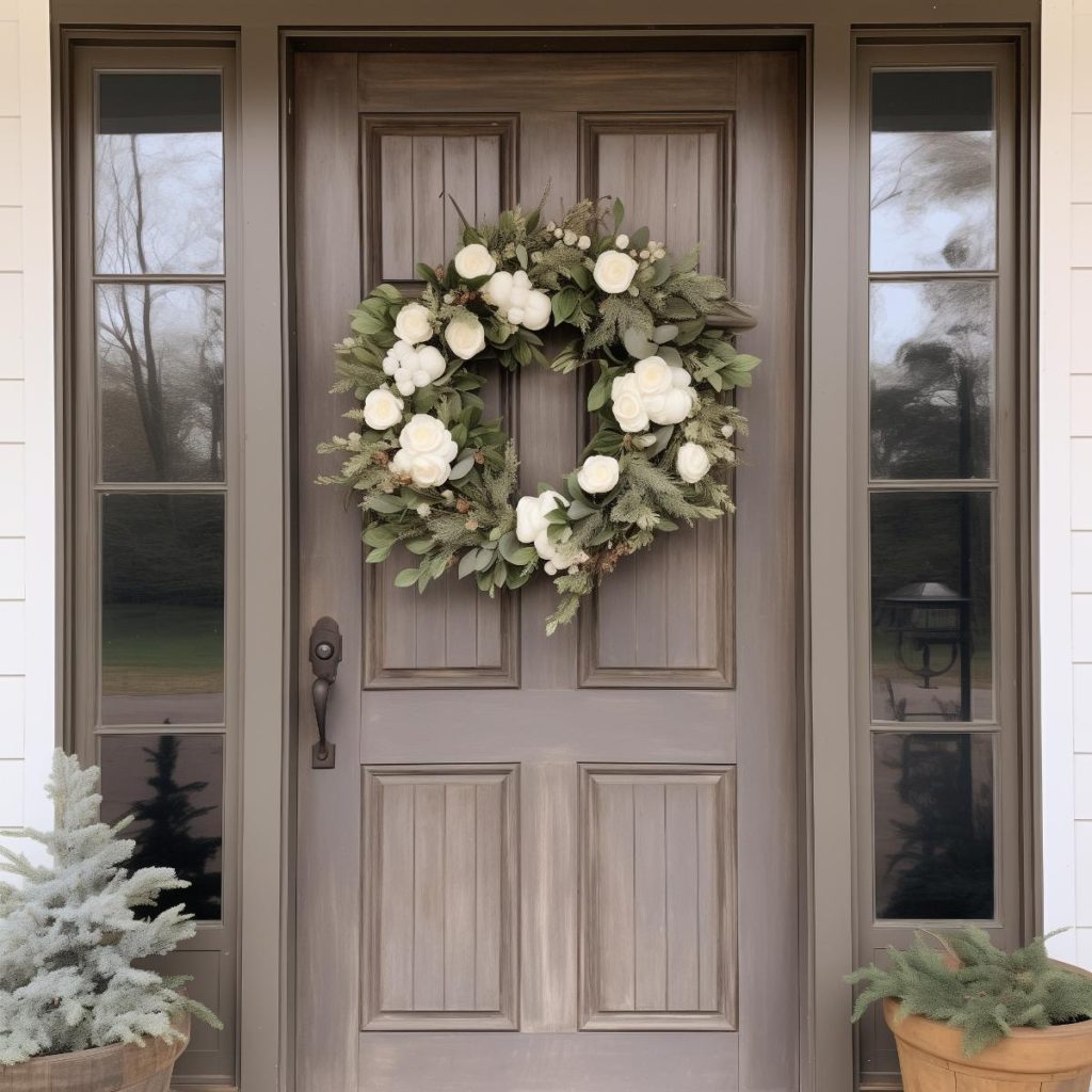 Eucalyptus leaves intertwine with various greenery and beautiful budding creamy white peonies on a wreath