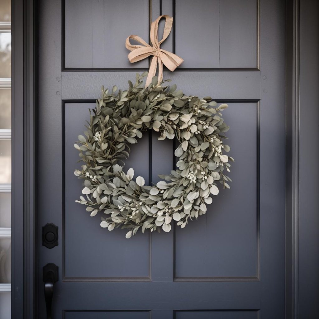 dense wreath base made of teardrop-shaped eucalyptus leaves, elegantly crowned with a skin-colored ribbon