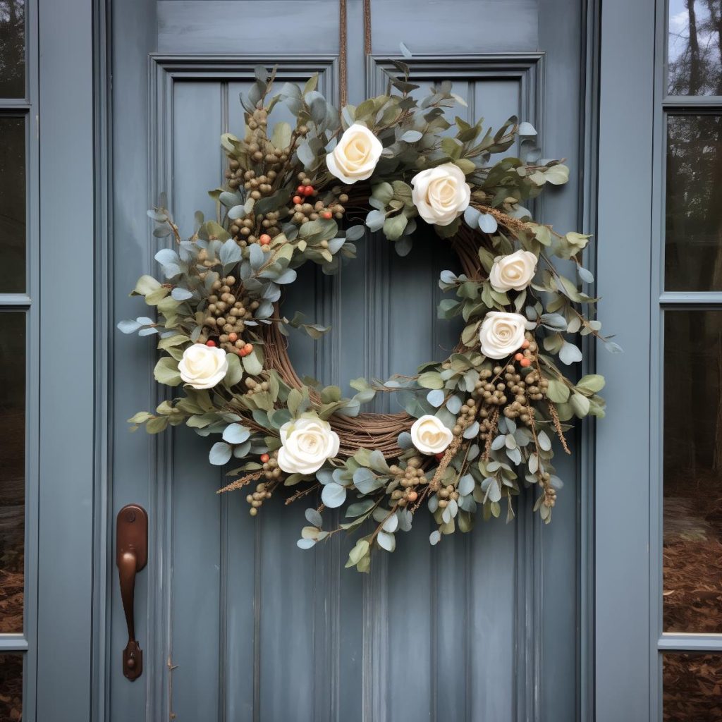 partially exposed vine base, lovingly decorated with eucalyptus leaves, creamy white peonies and a mix of ripe and unripe berries