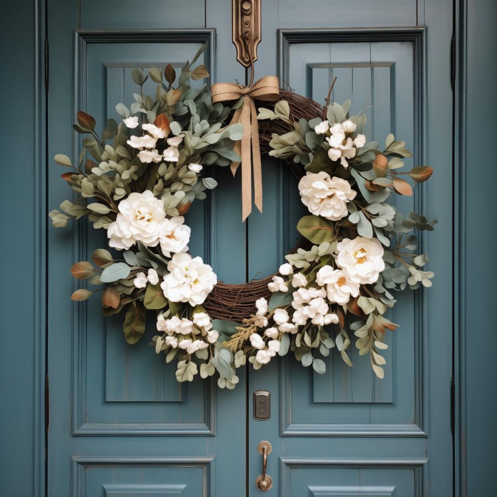 Farmhouse wreath with teardrop-shaped eucalyptus and budding and blooming white peonies