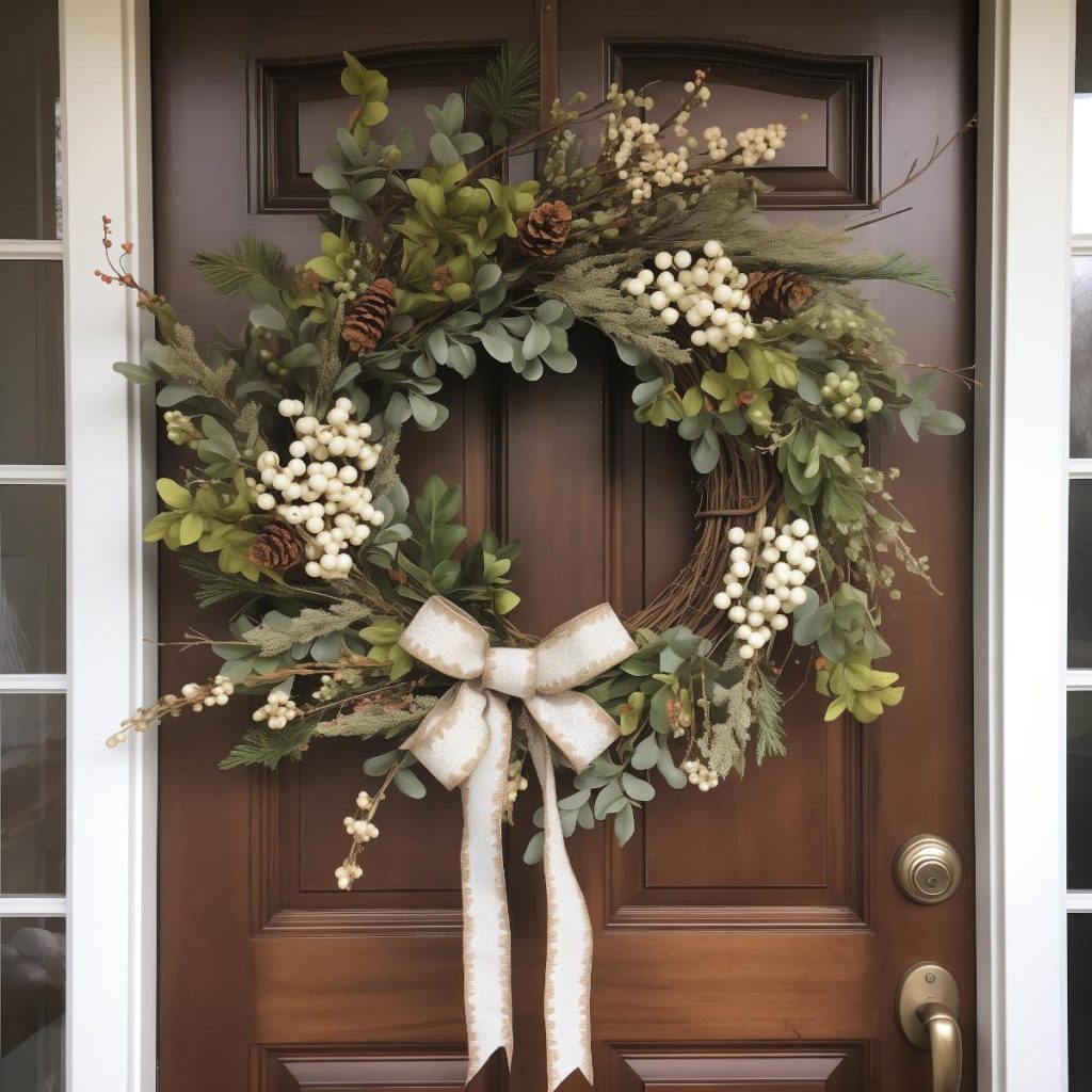 Wreath with twisted branches, green plants, wild stems and white artificial berries