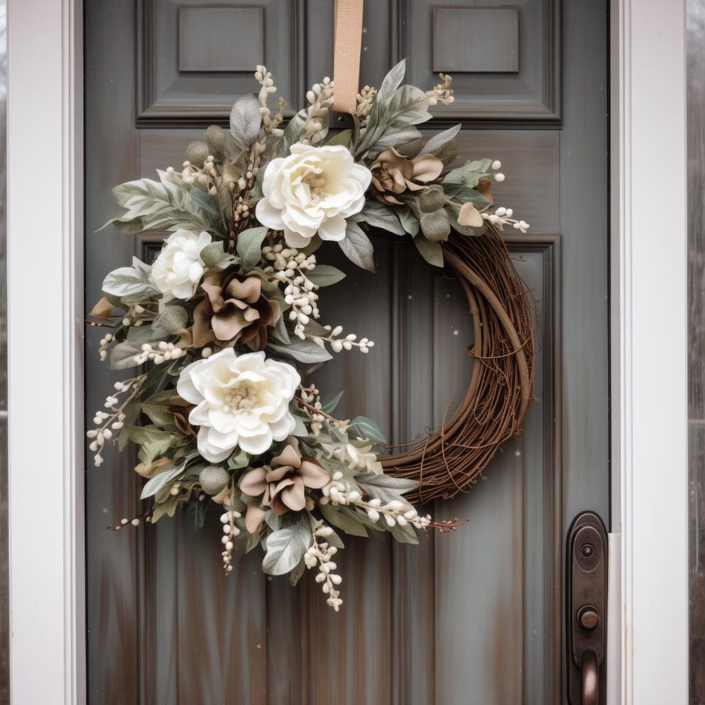 A half-naked wreath, the other half of which is full of green leaves, white berries, dried flowers and blooming peonies in the purest white