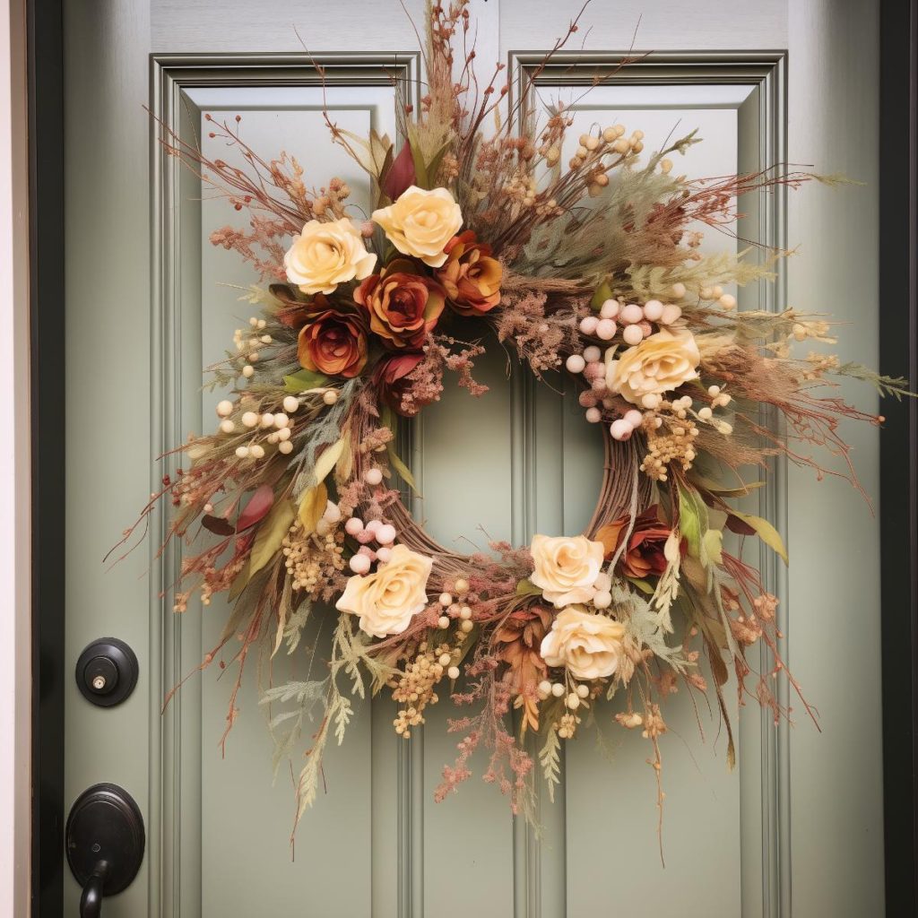 Boho farmhouse wreath featuring a wrapped branch base with greenery and a mix of white and orange roses 