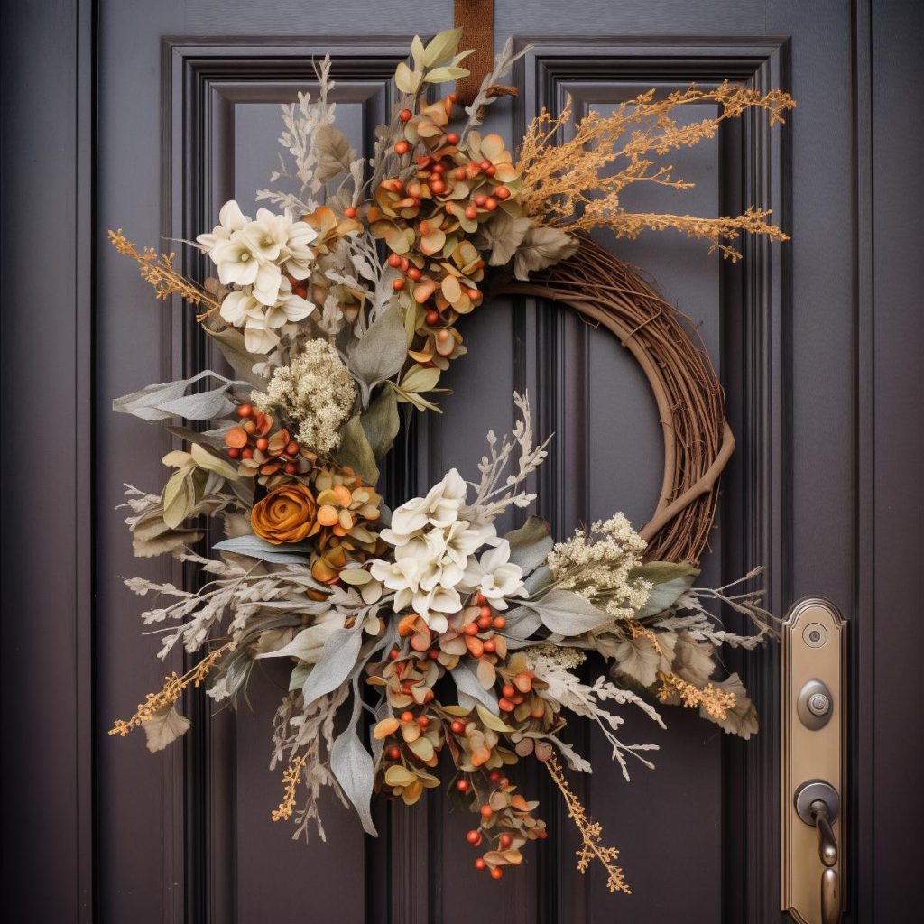 Idea for a farmhouse wreath with a base of rolled branches that are left bare on one side while the other side features a cascade of leaves, dried twigs, dried roses, white amaryllis flowers and rich red berries.