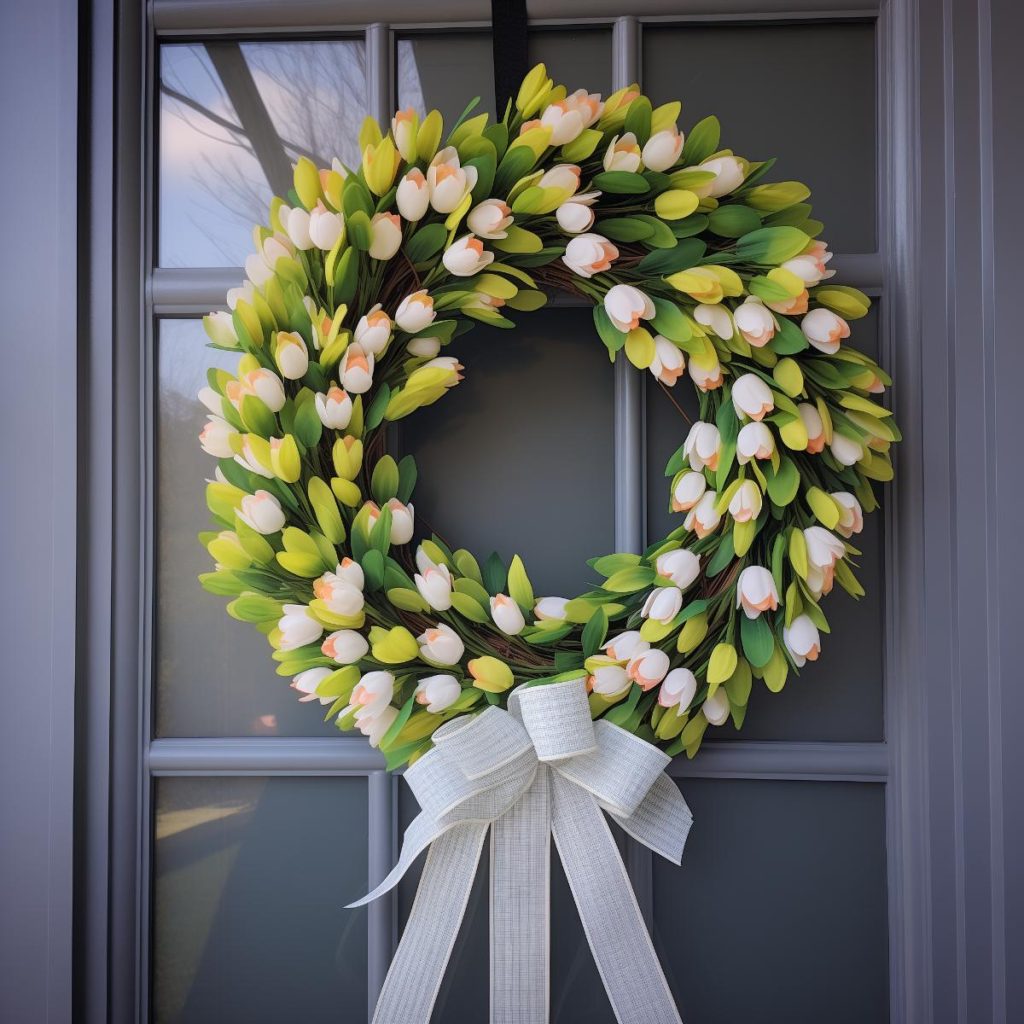 Wreath on a dark door with green foliage, beautiful tulips and a white ribbon