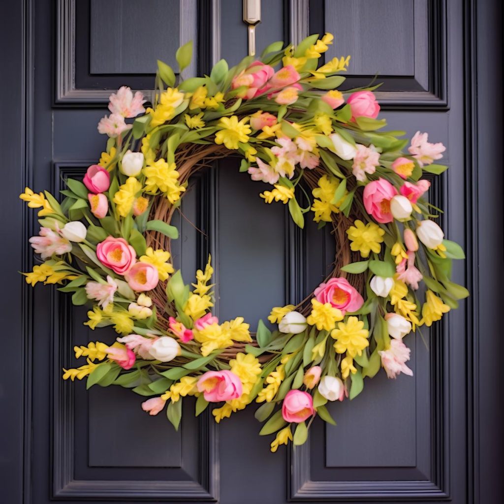 a wreath with branches and cheerful yellow flowers that provide a vibrant background for the soft <a href=