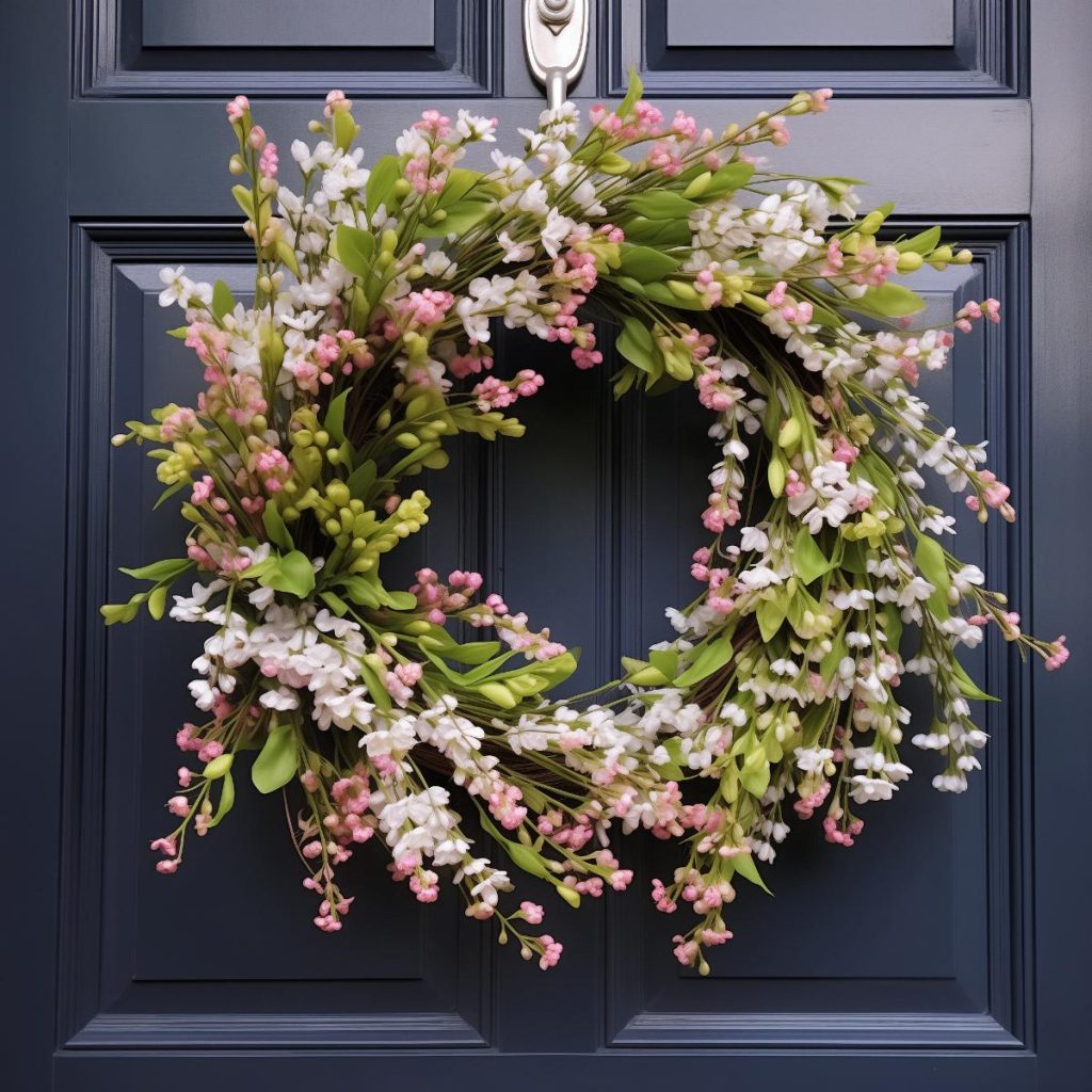 a wreath of tiny pink and white flower buds and bright green leaves