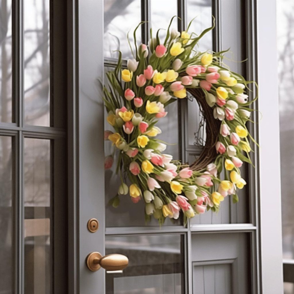 Lush and long leaves with pink, yellow and white tulips