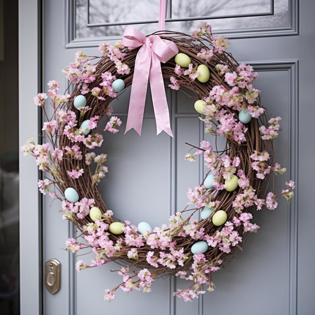 Spring wreath decorated with adorable pink flowers, pastel eggshells and a pretty pink ribbon