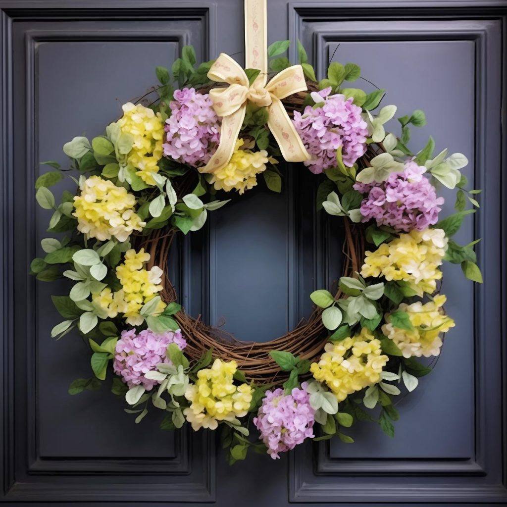 Soft purple and sunny yellow hydrangeas with round leaves and a yellow ribbon on a spring wreath