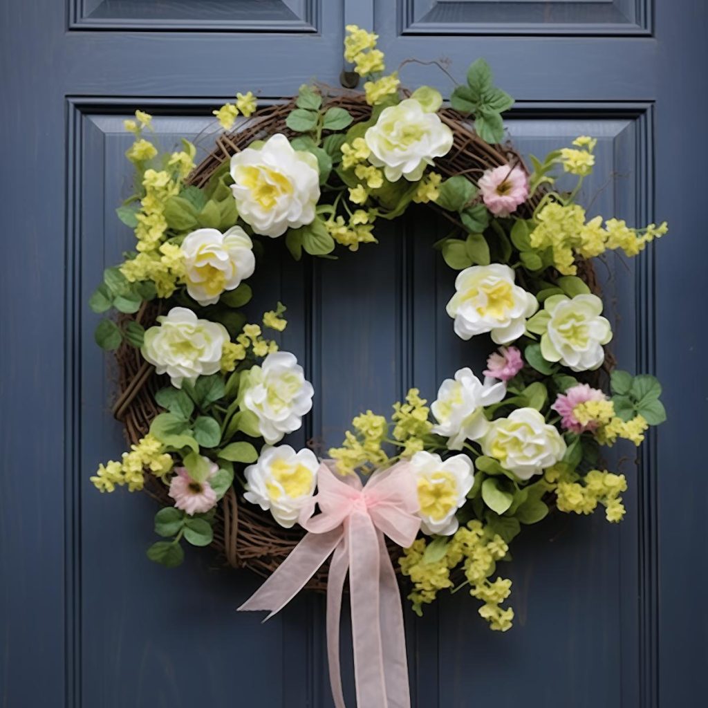 Spring wreath with white gardenias, tiny yellow flowers and a soft pink ribbon.