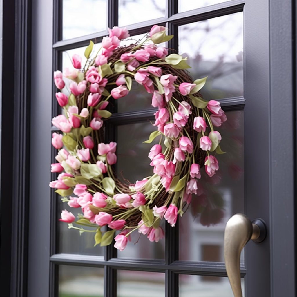 a wreath of blooming pink tulips