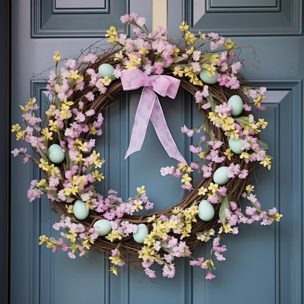 Spring wreath with pink and yellow and pastel green egg accents 