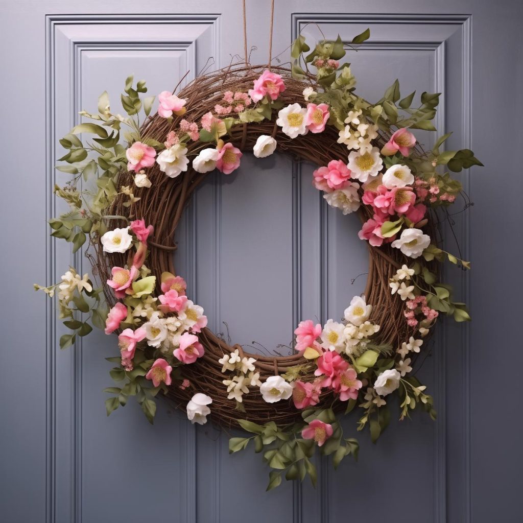 Spring wreath with vine base, pink and white flowers and leaves.