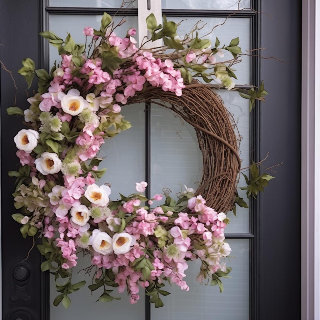 Spring wreath with one side bare and one side with lots of pink and white flowers