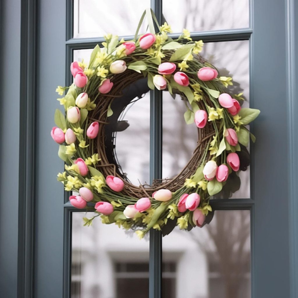 Spring wreath with cheerful pink tulips and delicate yellow flowers