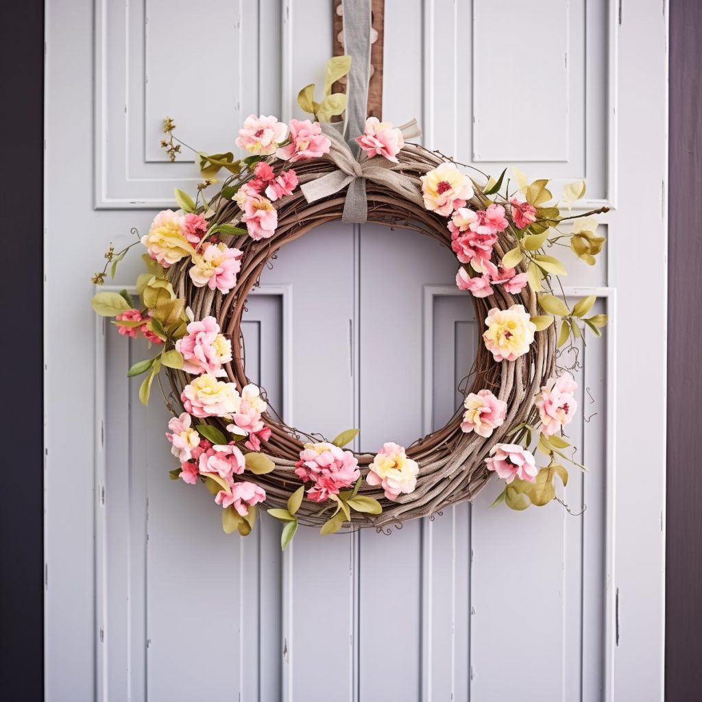 Woody spring wreath idea with pink and yellow flowers, branches and leaves