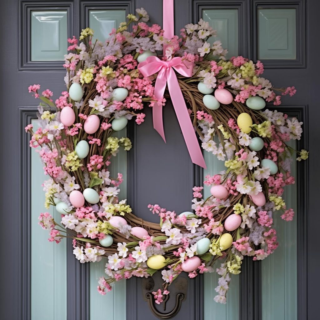 tiny white, pink and yellow flowers, pink silk ribbon and yellow, pink and blue eggs on a wreath