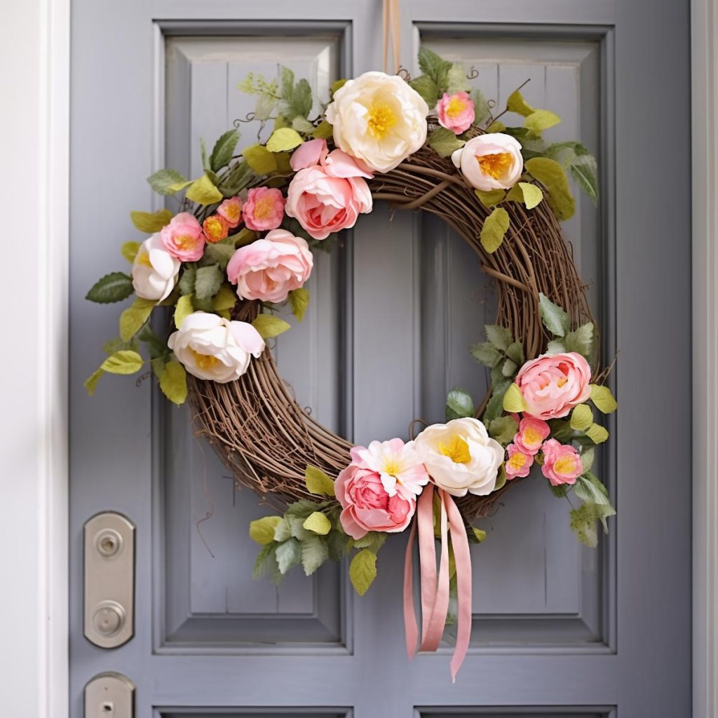 Spring wreath with leaves and pink and white peonies 