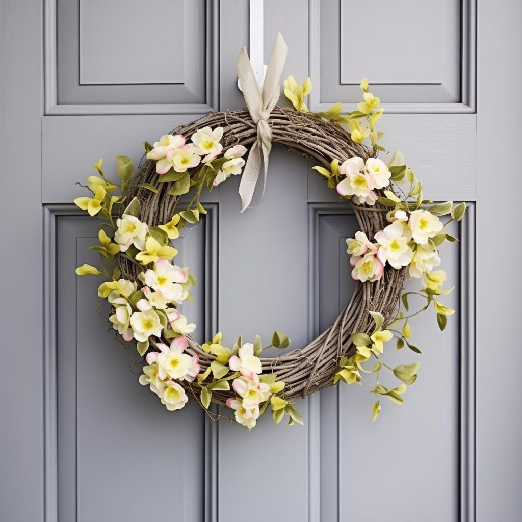 Spring wreath with bright foliage and white flowers and a chic taupe ribbon