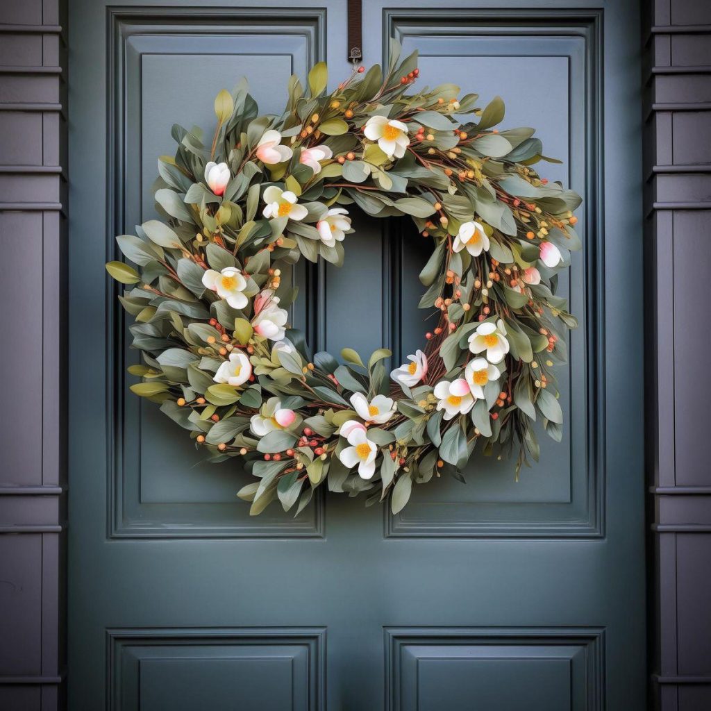 a wreath of green and white flowers interspersed with yellow and orange buds 