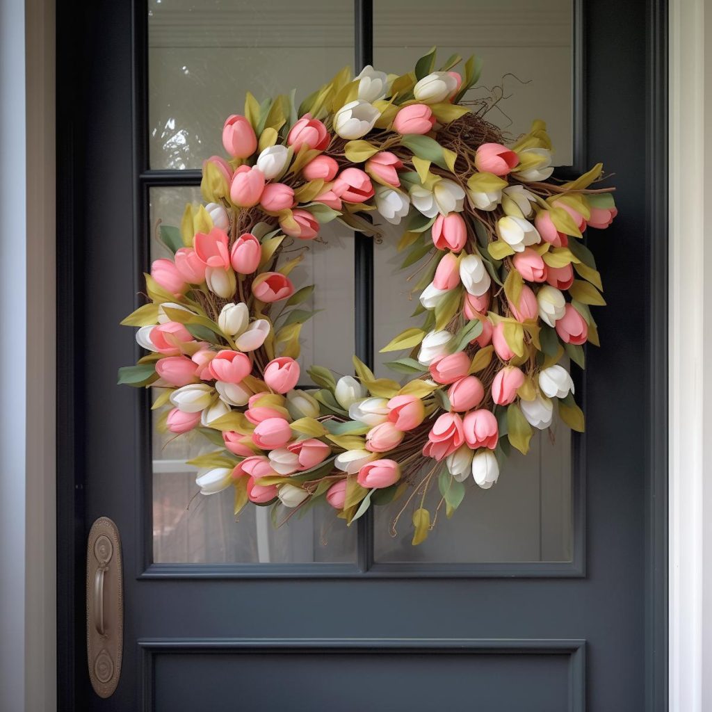 Pink and white tulips on a spring wreath