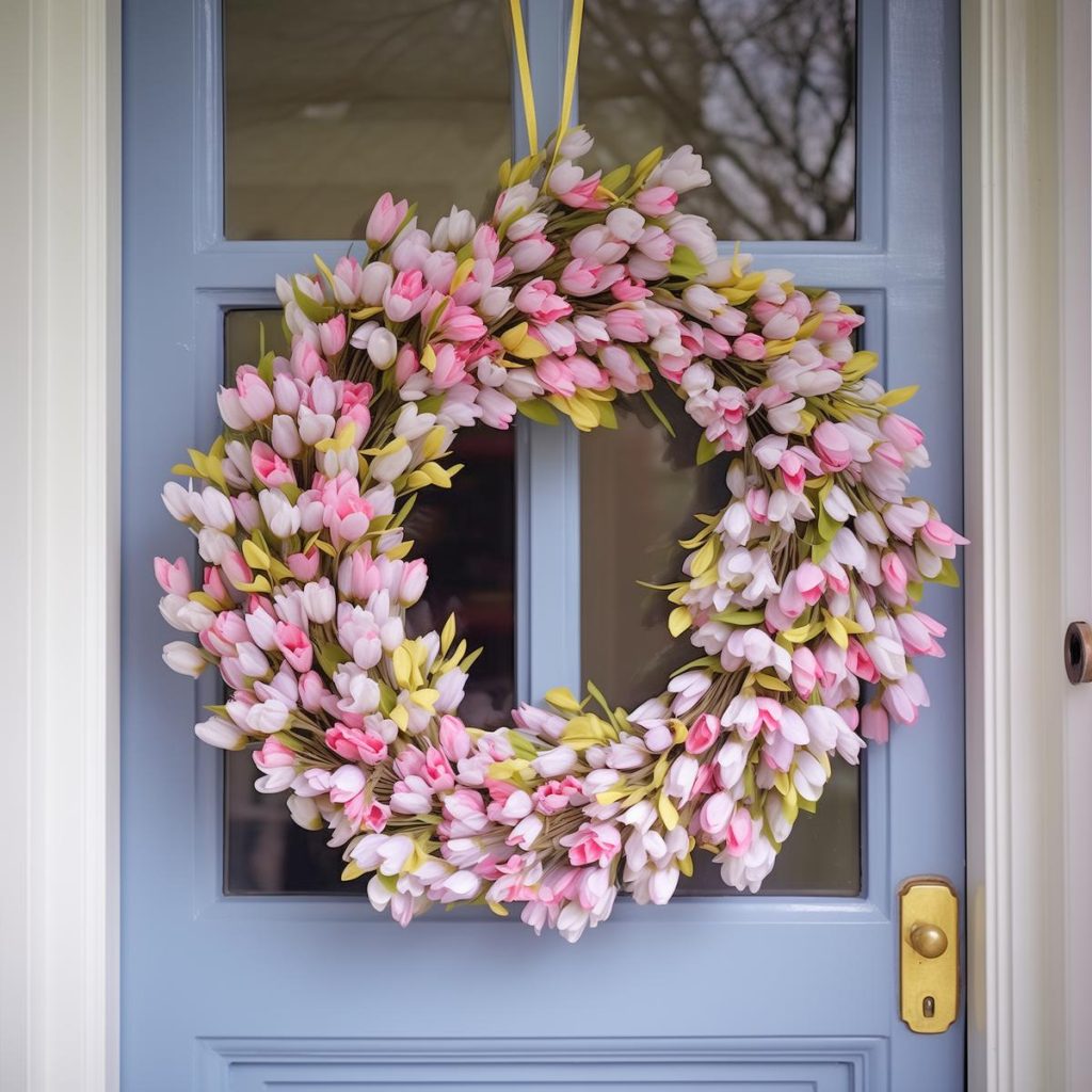 white and pink tulips in graceful clockwise motion on a spring wreath