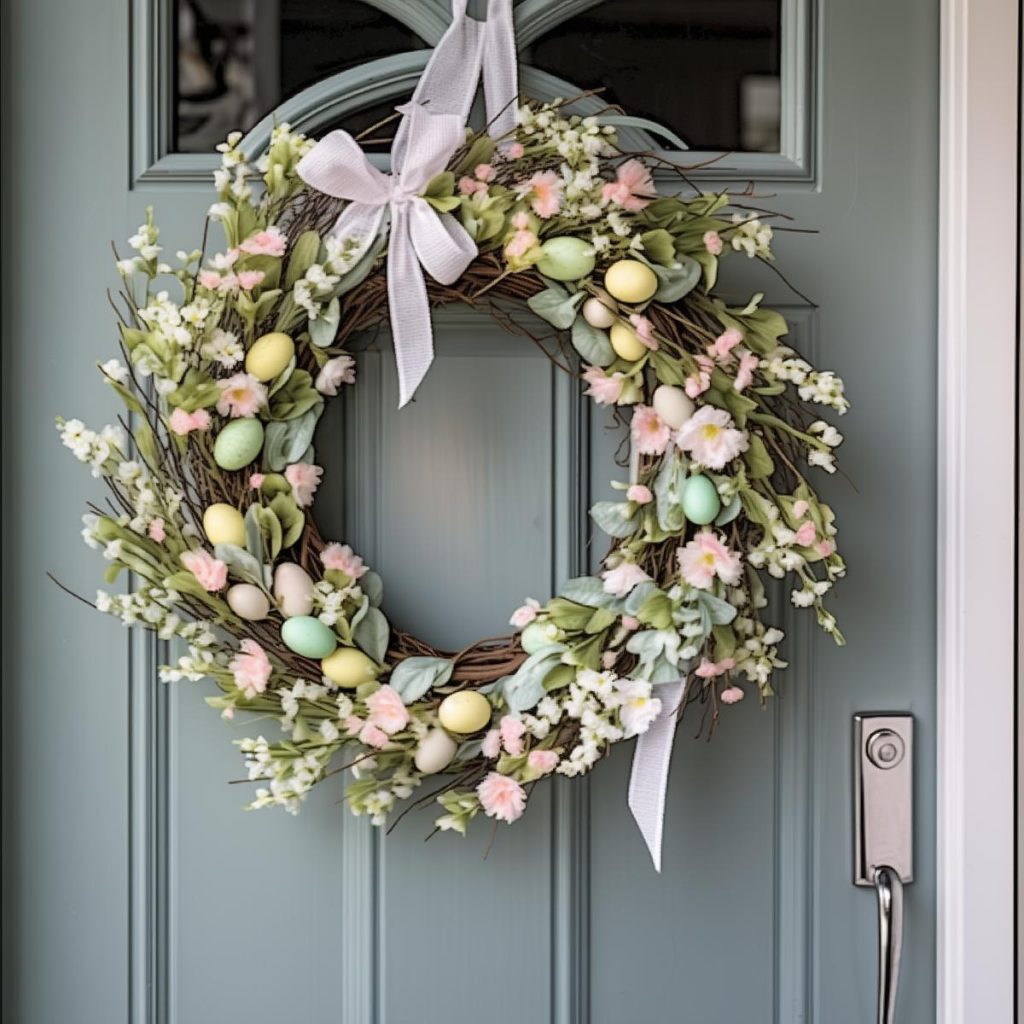 Spring white floral wreath with larger pink and white flowers, a mix of Easter eggs, wild stems and a light gray ribbon