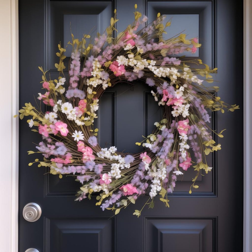 Spring wreath with white daisies and purple Ageratum flowers, pops of pink flowers, brown branches and green leaves.