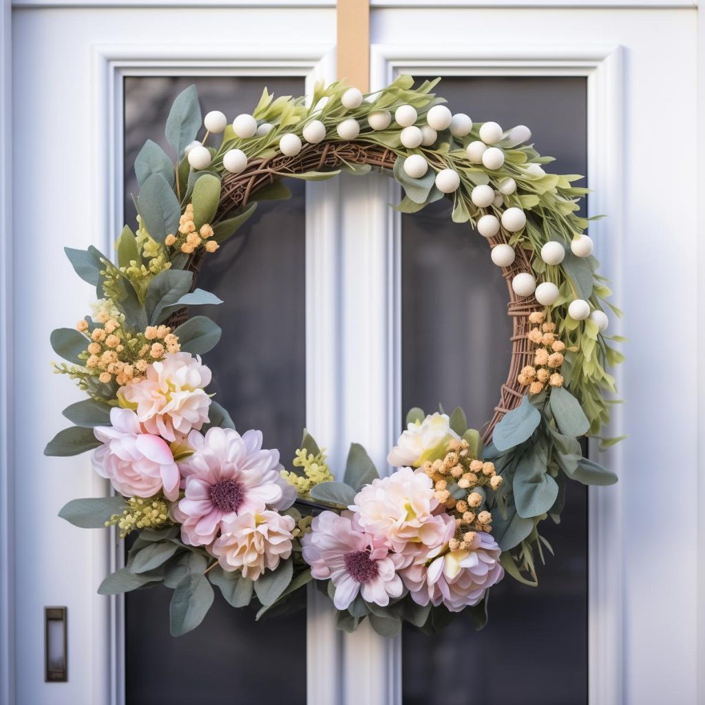 One side of this wreath has tiny, light green leaves and decorative white balls and the other side has large leaves with orange, yellow, light purple and pink flowers