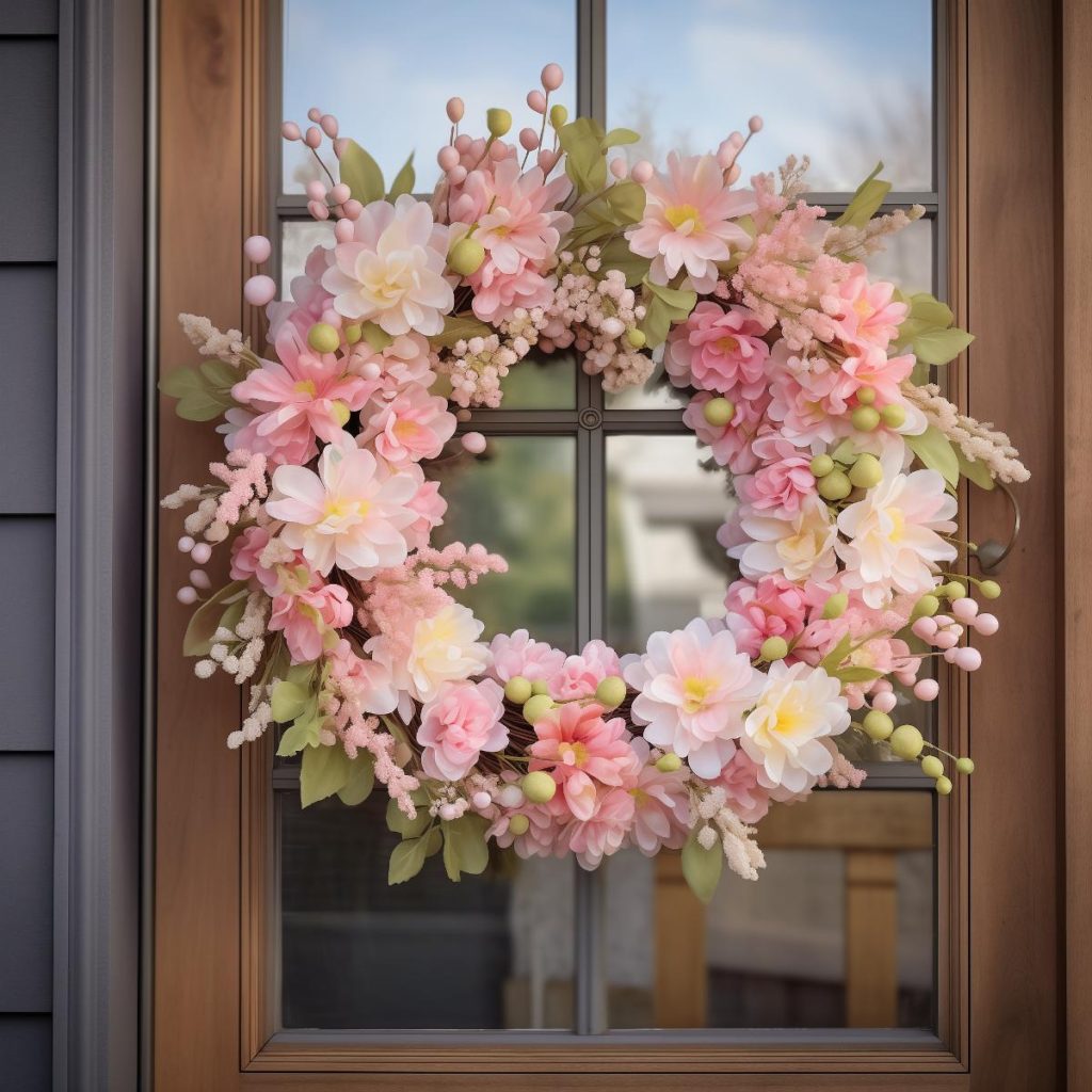 This pink wreath is a delightful composition of small and large pink flowers, beautifully accented with green leaves and artificial berries in green and pink.