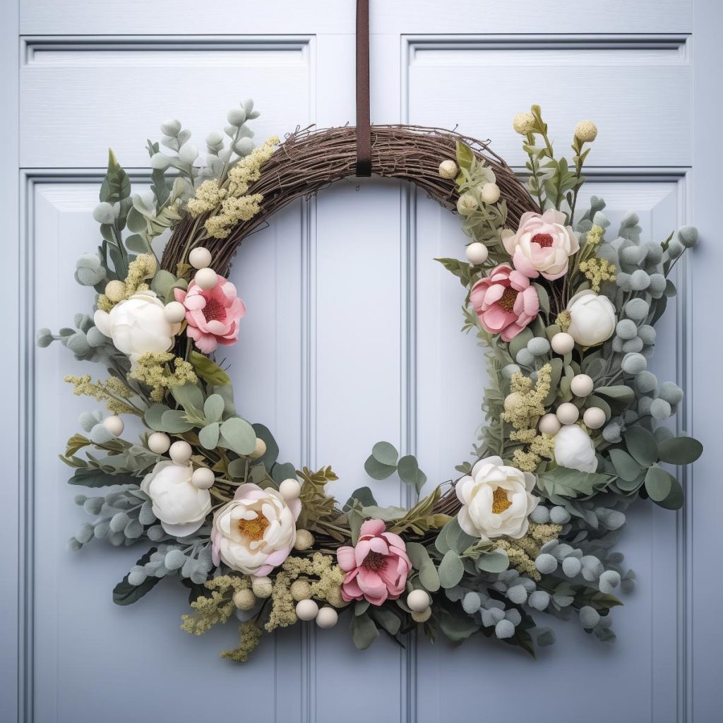 Wreath with a curve of various leaves and topped with large pink and white flowers and fluffy decorative balls