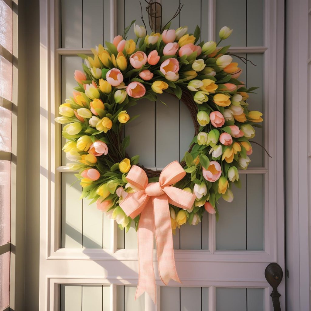 green, white, yellow, orange and pink tulips and a peach ribbon on a spring wreath