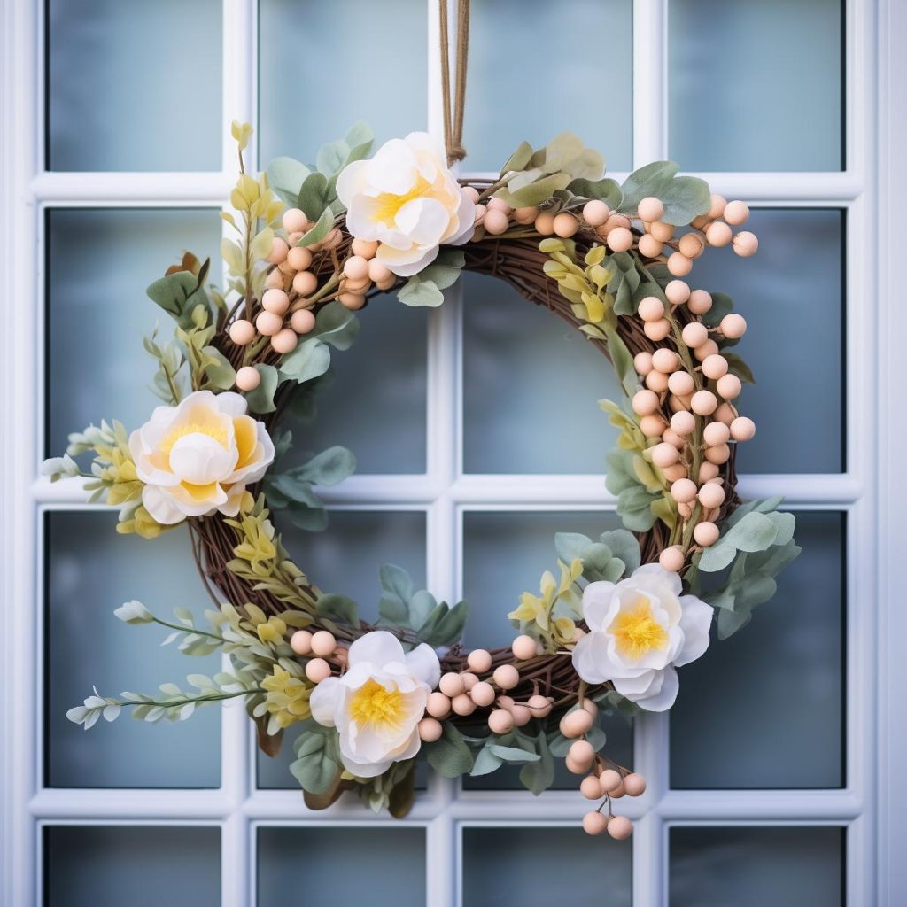 Varied foliage, large, stunning white flowers and peach artificial berries on a spring wreath