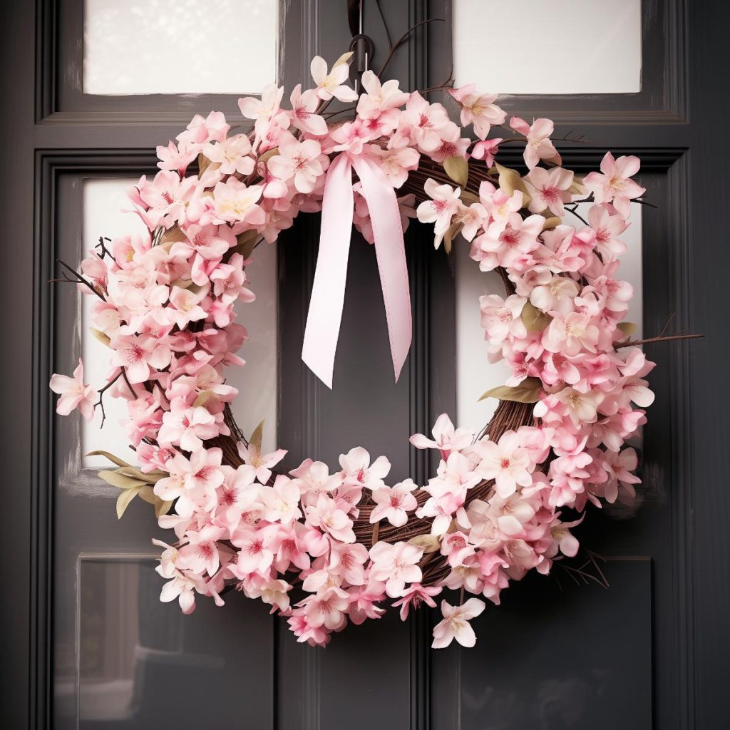 Cherry blossom petals on a grapevine wreath with a pink bow