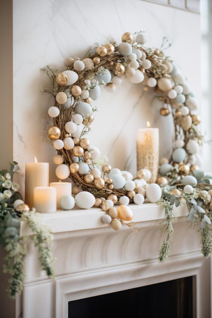 The white mantel here features an Easter egg wreath with tan, gold, cream and muted blue eggs and a striking vine base. 