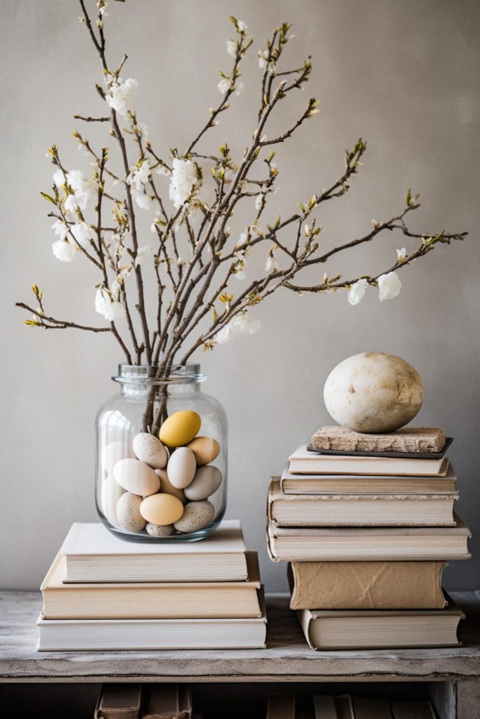 Here, tiny white flowers sprout with their slender branches from a glass jar that sits on a stack of books and next to a large painted egg.